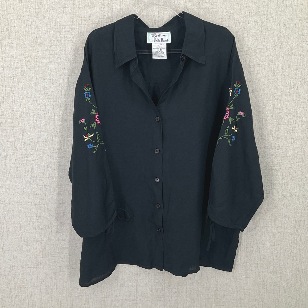 Options by Delta Burke Button Down Shirt‎ Women 2X Black Linen Floral Boho Vtg